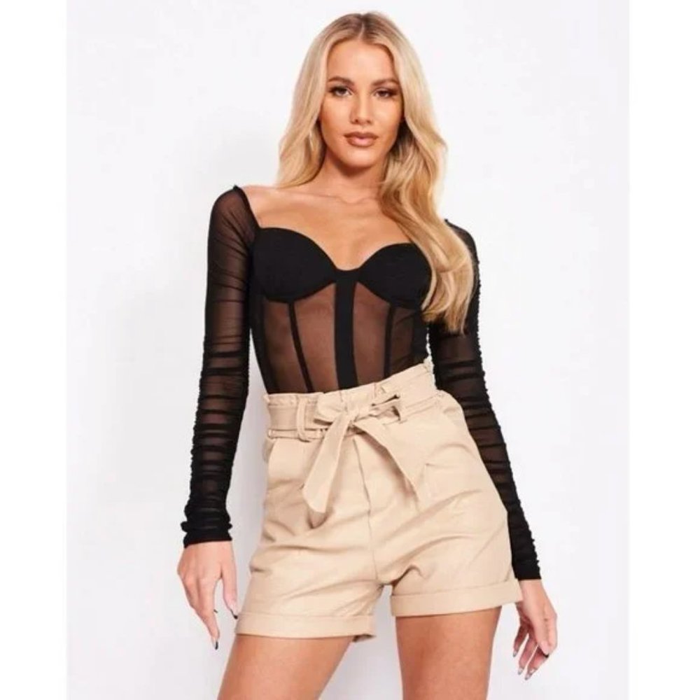 Beige Vegan Leather Faux Leather High Waist Cuffed Paper Bag Waist Shorts - Picture 4 of 17